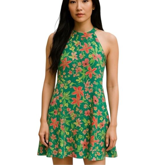 Vince Camuto Green Floral Print High Halter Neck Chiffon Mini Dress Size 2 NWOT - Picture 1 of 13
